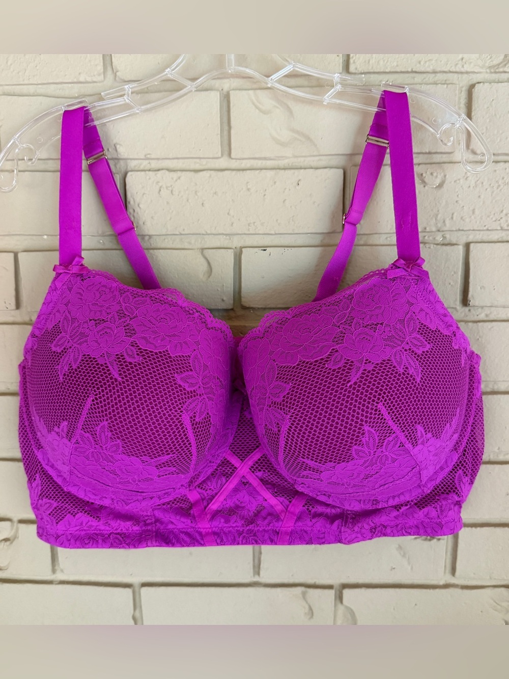 Cacique 44DDD Bra Bright Pink Lace Boost Balconette Underwire Lined Padded Sexy